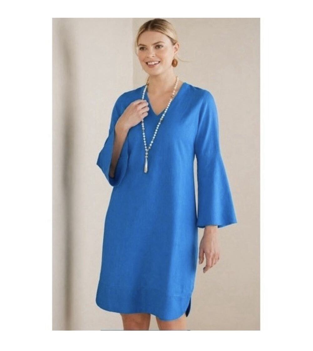 Soft Surroundings Soleil Linen Blend Dress Women's XS Blue Danube Bell Sleeves